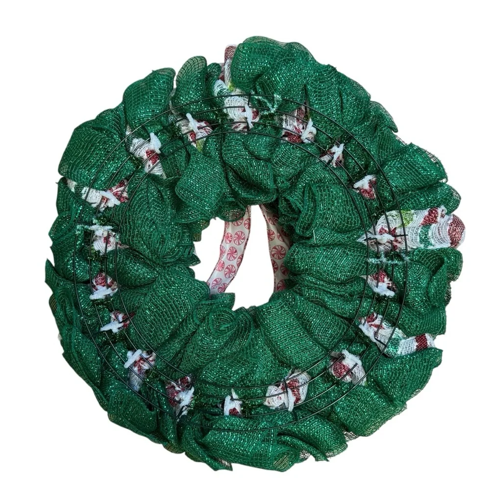 Handmade Peppermint Candy Deco Mesh Wreath Red, Green & White Swirl 22 inch